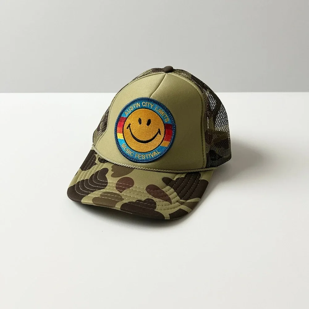 Aviator Nation Trucker Hat Polyester Camo OS Austin City Limits Smiley Patch